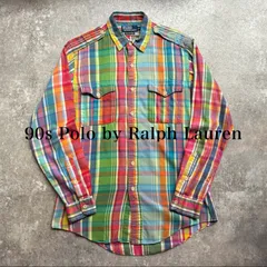 90年代 ラルフローレン ミリタリー チェック コットン シャツ レインボー