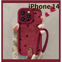 【SHOPS W】iPhone14 スマホケース 赤 ラムスキン風 ストラップ付き ハート かわいい E034