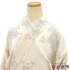 【イ―ちゃん様専用:3/28まで】小紋 袷 レディース 正絹 オフホワイト 菊 線描 身丈163cm 裄丈64cm カジュアル ゆったりサイズ