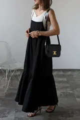 新品タグ付き♡ティアードフレアー マキシ丈ロングキャミソールワンピース/ストライプ織り/黒M