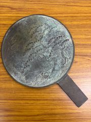 大型】古銅鏡 和鏡 松文様 鶴図「藤原吉重」銘 古美術 骨董
