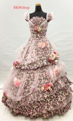 ＜現品限り＞used　カラードレス　ピンクチュール　花柄プリント　FANCY　7～11号　結婚式　お色直し　パーティー　演劇　芝居　コスプレ　ステージ　ダンス　舞台　レイヤー