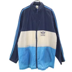 adidas アディダス 80s ヴィンテージ 万国旗タグ トレフォイルロゴ ナイロンジャケット 40 ネイビー フード付き メンズ 古着
