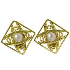 本物 シャネル CHANEL ココマーク フェイクパール イヤリング GP ゴールド メッキ ホワイト Coco Mark アクセサリー ジュエリー 中古 【フォロー割】