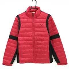 【美品】プーマ ダウンジャケット レッド×黒 総柄地模様 軽量 切替素材 メンズ S ゴルフウェア PUMA