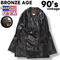 90s ヴィンテージ USA製 ブロンズエイジ BRONZE AGE レザー ダブルブレスト カーコート ノーベント ノッチドラペル S ブラック レトロ アメリカン カジュアル ウェア レディース ♪