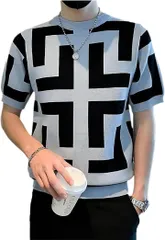 X-cross クロス tシャツ メンズ 半袖 大きいサイズ 厚手 ニットシャツ スリム サマー 幾何学模様 柄 デザイン トップス 韓国 ストリート ファッション かっこいい おしゃれ ティーシャツ クルーネック 丸首(グレー,  L)