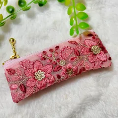 刺繍リボン ポーチ 小物入れ リップケース 印鑑ケース 花柄  ピンク