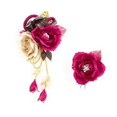 髪飾り 成人式 振袖 前撮り 袴 2点セット 花 薔薇 ピンク 濃ピンク シャンパンゴールド 黒 レース 下がり 組紐 ラメ スパンコ No.12-0238