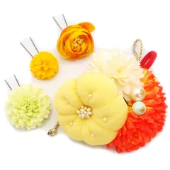 髪飾り ４点セット 京都 西陣 和小物 京あそび 成人式 花 ぷっくり梅 黄色 和風 浴衣 着物 振袖 袴 結婚式お呼ばれ 七五三 子供 キッズ コーム 髪留め ヘアアクセサリー 大きめ 日本製 送料無料 W 75 CM-OM-5102 u998　Si