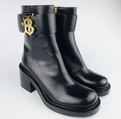 美品★BURBERRY・バーバリー レディース レザー ゴールドTBバックル付き サイドジップ チャンキーヒール ショートブーツ(36)イタリア製 レディースブーツ ブーツ ブランド 秋冬物 カジュアル 靴 シューズ ブラック ブーティのサムネイル