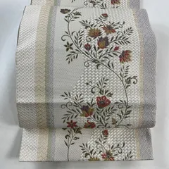 名古屋帯 秀品 八寸名古屋帯 松葉仕立て 花唐草 菱 箔 灰白 正絹 【中古】