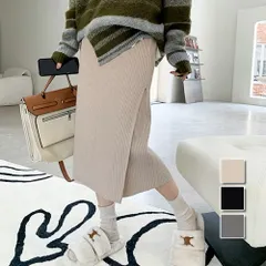 ロングスリットニットスカート レディース 10代 20代 30代 韓国ファッション 春 秋 冬 カジュアル 可愛い ボトムス 無地 リブ デート