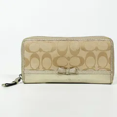 【BCランク】COACH コーチ シグネチャー ラウンドファスナー 長財布 ベージュ ゴールド キャンバス F48796