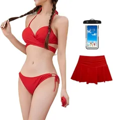 OJUMAH 水着 レディース クロス ビキニ スカート ３点 セット 美バスト ワイヤー入り 体型カバー 無地 ホルターネック(レッド,  M)