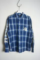 美品 XLARGE エクストララージ OLD ENGLISH L/S FLANNEL SHIRT オールドイングリッシュ 長袖 チェック フランネル シャツ 青M本物607O★1