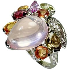 13号 ローズクォーツ 5.22ct ダイヤモンド 0.18ct マルチサファイア/マルチトルマリン 3.46ct リング・指輪 K18WGホワイトゴールド 18金  7.4g レディース 【中古】【真子質店】【NN】