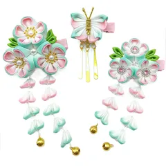 【超人気】【JZOON 髪飾り】3点セット 七五三 成人式 髪飾り グラデーション ヘアアクセサリー つまみ細工 浴衣 袴 着物 振袖 和装 卒業式 卒園式 結婚式 イベント 手作り ハンドメイド 桜 蝶々 花 鈴付き 前撮り ピンク H5105