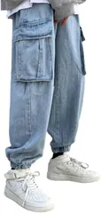 bubu o_hana(ブブ オーハナ) イージー デニム パンツ ジーンズ ワイド ジョガー ジーパン カーゴ ポケット カジュアル メンズ ドローコード ウエスト 絞れる デニムパンツ( ライトブルー,  M)