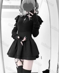 オリジナルデザイン 地雷系ゴシックアート文化 ハイネックフリル袖ニットインナー ブラック/アイボリー 高ストレッチ素材 伸縮性抜群 日常