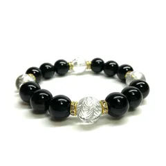 12mm 四神獣銀彫水晶×オニキス パワーストーン ブレスレット天然石 運気上昇 開運 金運 健康運 厄払い お守り 青龍 白虎 玄武 朱雀 （ゴールド）メンズ・レディース　男性・女性　数珠ブレス　開運   [6]