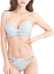 Chica Hurra レディース ブラジャー ショーツ 上下 セット ブラショーツセット ブラジャーショーツセット 花柄 刺繍 女性 下着 清楚 3/4 カップ(ブルー,  F80)