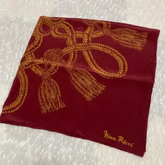 3-1.美品 Nina Ricci ロープ&タッセルモチーフ　シルクスカーフ　ボルドーカラー