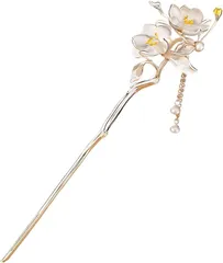 Miaomyao ミャオミャオ 簪 かんざし 一本 和装 留袖 着物 髪飾り 金属 アンティーク フラワー ベコニア 花 パール ヘアアクセサリー(シルバー,  大きめ)