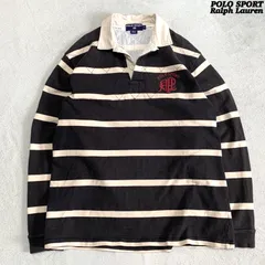 POLO SPORT RALPH LAUREN ラガーシャツ ラグビーシャツ ポロシャツ ロングスリーブTシャツ 長袖カットソー ロンT ロゴ刺繍 ボーダー XLサイズ ブラック 黒 ポロスポーツ ラルフローレン