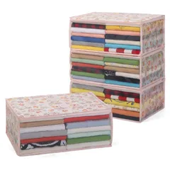 【迅速発送】アストロ 衣類収納ケース ホワイト チューリップ柄 4個組 通気性の良い不織布製 衣類収納袋 衣装ケース 洋服 収納ボックス 防塵 透明窓付き クローゼット 押入れ 折りたたみ 花柄 レトロ 168-01