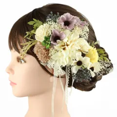 髪飾り 成人式 振袖 前撮り 袴 花 2点セット 紫 白 青 灰色 グレー リボン 紐 下がり 造花 稲穂 米 カスミソウ 葉 リーフ ナチ No.12-0855