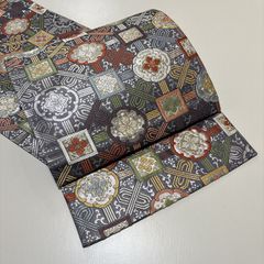 ★美品　袋帯　花　カラフル　ライン　銀　幾何学★　r1013