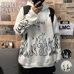 【在庫限り】パーカー 炎 ホワイトorブラック トップス 韓国ファッション 長袖