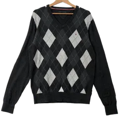 TOMMY HILFIGER/トミーヒルフィガー アーガイル柄ニット セーター 長袖 ワンポイント刺繡 China製 メンズ M ダークグレー