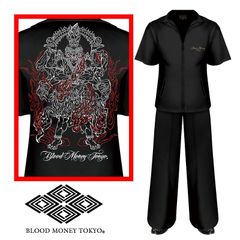 セットアップ ジャージ 阿修羅 半袖+長ズボン 上下 黒×白 BLOOD MONEY TOKYO ブラッドマネートーキョー MBT-24003 和柄 服 オラオラ系 悪羅悪羅系 ヤクザ ヤンキー チョイ悪 チョイワル 派手 メンズ ファッション