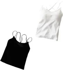 select shop Tomorrow キャミソール 下着 レディース 2枚 セット フリーサイズ ノンワイヤー カップ付き ブラトップ バッククロス(ブラックホワイト,  Free Size)