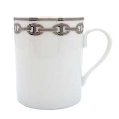 【天白】HERMES エルメス マグカップ シェーヌダンクル ホワイト プラチナ コップ テーブルウェア 陶器 ポーセリン 未使用のサムネイル