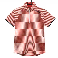 【超美品】アディダス 半袖ハイネックシャツ レッド×白 ボーダー ハーフジップ ロゴプリント レディース L/G ゴルフウェア adidas