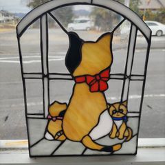 新作ステンドグラス仲良し猫の親子パネルcatかわいいガラス雑貨インテリア