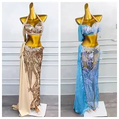 新品未使用 ベリーダンス オリエンタル衣装 インナー付 演技 衣装 セット ゴールド オーダーメイド ブルー  【2カラー選択可能】