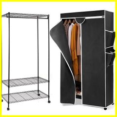 ハンガーラック幅92×奥行46×高さ173cm ワードローブ クローゼット カバー付き キャスター付 ラック スチールラック メタル ラック スリム 省スペース おしゃれ 頑丈 ハンガーかけ コートハンガー 洋服収納 洋服ラック(ブラック)