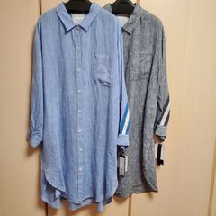 sale‼️BLUE FRONCE ストライプ柄 長袖シャツ（青・グレー）フレンチリネンシャツ★定価18.480円定価　自宅洗濯OK　表記サイズ38　フリーサイズ　ポケット2ヵ所　自宅洗濯OK