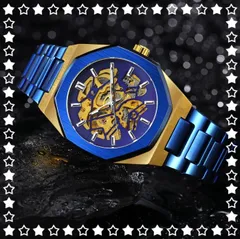 T024 新品 送料無料 スケルトン 自動巻き メンズ 腕時計 ブルー ゴールド