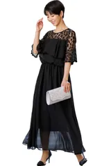 [MORE AUNI] パーティー ドレス 結婚式 レース 切替 胸元 フリル ロングドレス ワンピース 2次会 1.5次会 お呼ばれ J327012 (BLK S) [ブラック / J327012] [S]