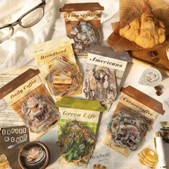 ST519 シール コーヒー 女性 女の子 カフェ 珈琲 パン ケーキ スイーツ 観葉 植物 フレークシール PET コラージュ 素材 コラージュ シール コラージュシール コラージュ素材 ステッカー 紙もの 手帳 日記 ジャンクジャーナル 海外 紙モノ 紙物