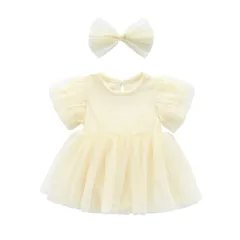 【可愛いヘアバンド付き】セレモニードレス 女の子 夏 ベビードレス 結婚式 チュール ロンパース ベビー服 ワンピース 半袖 チュールドレス 子供ドレス dQP1769
