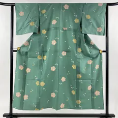 小紋 身丈151.5cm 裄丈62cm S 単衣 桜 桜の花びら 緑 化繊 優品 【中古】