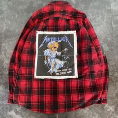 【Remake】Metallica メタリカ チェック柄 再構築 ドッキング ボロ加工 オーバーサイズ リメイクシャツ ネルシャツ 長袖シャツ レッド系 バンT グランジロック パンク アナーキー No.2