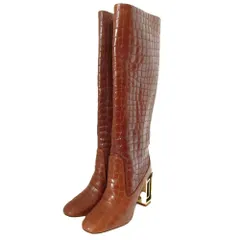 新品同様 TORY BURCH トリーバーチ クロコ型押しレザー メタルヒール ロングブーツ サイズ7.5M 約24.5cm ブラウン レディース 古着 中古 USED