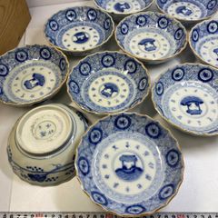 古伊万里 金彩色絵染付 松竹梅蛸唐草文 蓋付き 茶碗 七客＆金彩色絵